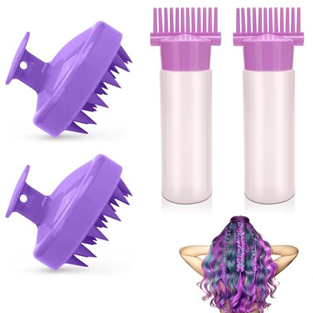 VireEyU Set de 4 Pièces Applicateur d'Huile pour Cheveux avec Brosse de Massage - Bouteille Applicatrice et Brosse de Massage du