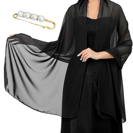 TAFACE Écharpe Noire en Mousseline de Soie et Broche en Diamant en Perles - Double Usage pour Femme
