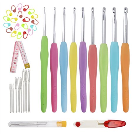 Lot de 9 crochets à crochet en aluminium avec poignée en caoutchouc souple et 12 marqueurs de point de verrouillage pour crochet