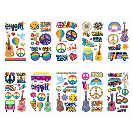 NYGGTYK Lot de 10 autocollants de tatouage hippie temporaire - Autocollants d'art de mode - Accessoires hippie - Convient pour l