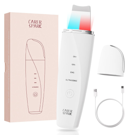 CARER SPARK Épurateur de Peau Ultrasonique - Spatule Visage à Ultrasons EMS Ions Lumière Rouge et Bleue