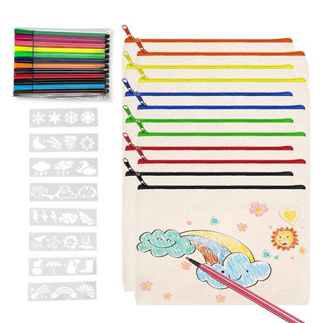 12 Pcs Pochette Tissu Zippée,Trousse a Colorier,Sac en Toile à Fermeture Éclair Colorée,Livré avec 12 Crayons Couleur et Gabarit