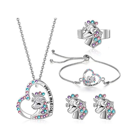Bijoux Enfants Filles Argent Licorne Ensemble de Bijoux 4 Pièces Collier Bracelet Boucles d'oreilles Bague Set Cristal Accessoir