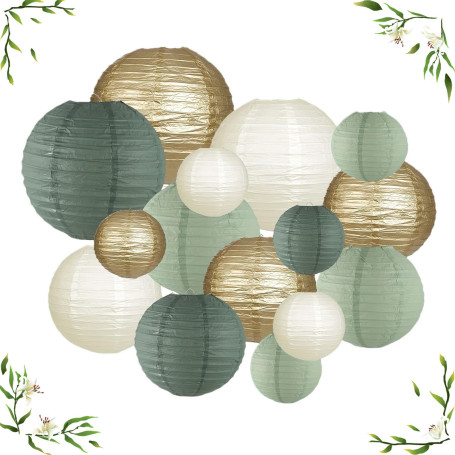 ARTGUTS Lot de 15 lampions ronds en papier vert crème et doré