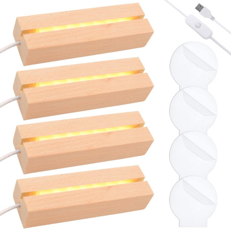 Lot de 4 socles LED en bois - Socle lumineux LED avec panneau lumineux et interrupteur USB - Couleurs chaudes - 15 cm de long -