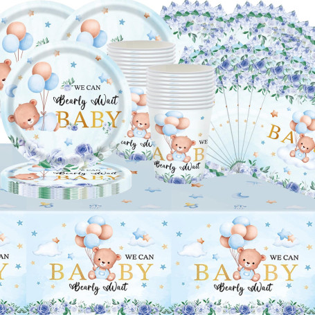 Lot de 61 pièces de vaisselle de fête à thème ours bleu - Décorations de fête d'anniversaire - Contient des gobelets en carton