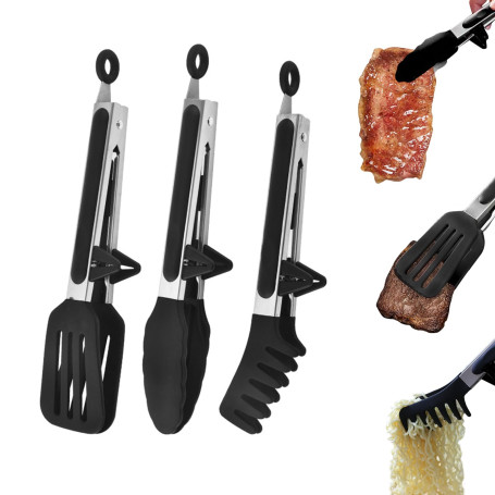 Pince Cuisine Inox 3 Pièces Pince Cuisine Silicone 27 cm Pince de Cuisine Inox Sans BPA Pince Barbecue Pince Alimentaire Cuisine