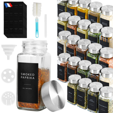 Lannvan Pot à Épices en Verre - 24 Pièces Bocaux à Épices Françaises - 120ml Boite a Epices Cuisine Rangement avec Tamis