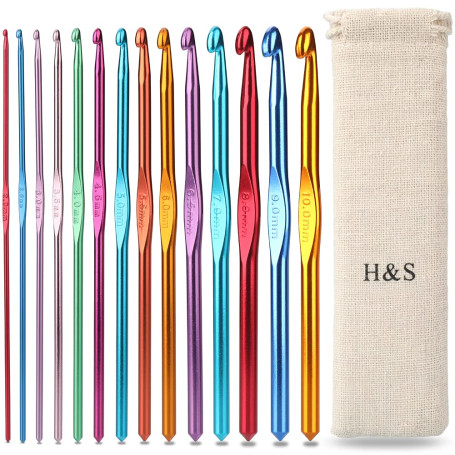 H&S Set Crochet Tricot - 14pcs - Kit Crochets en Aluminium avec Poignée à Prise Ferme - Aiguilles Livrée avec Pochette - Aiguill