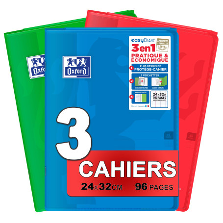 Oxford EasyBook Lot de 3 Cahiers Agrafés Grands Formats 24 x 32cm 96 Pages Grands Carreaux Seyès 90gr Couleurs Assorties
