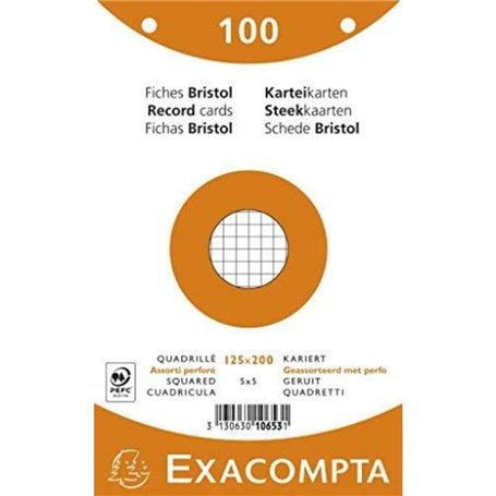 Exacompta - Réf. 10653E - Paquet de 100 fiches bristol quadrillées 5x5 perforées - sous film - compatibles avec imprimante jet d