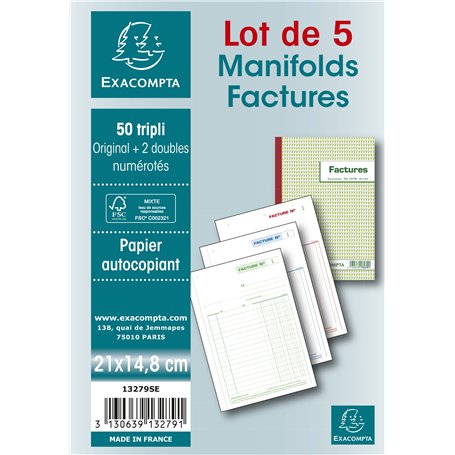 Exacompta - Réf. 13279SE - Lot de 5 manifolds FACTURES - sous film - 50 feuillets numérotés et autocopiants - triplicatas (1 ori