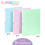 Viquel - Lot de 3 chemises en plastique Rainbow Pastel - 3 pochettes A4 avec étiquettes d'identification - Fermeture par élastiq