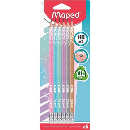 Maped 6 Crayons à papier HB embout gomme Glitter Deco Pastel