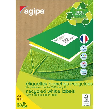 AGIPA Bte 2400 étiquette 70x37 mm (24 x 100F A4) Multi-usage Coin Droit Recyclé Blanc