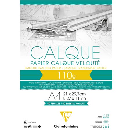Clairefontaine 975106C Bloc Collé Papier Calque - 40 Feuilles Papier Calque Hautement Transparent - A4 21x29
