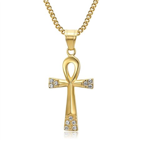 BOBIJOO Jewelry - Pendentif Croix de Vie Ankh Collier Femme 40x25mm Acier Inoxydable Or Doré Plaqué Diamants Chaîne