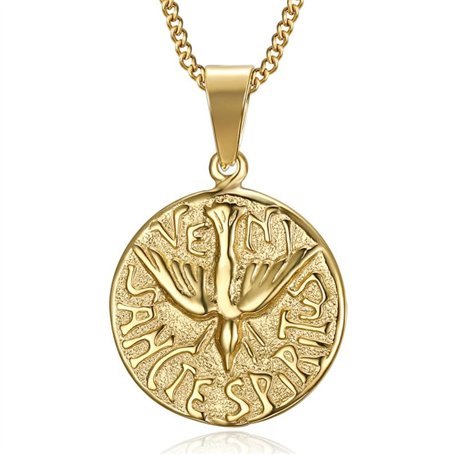 BOBIJOO Jewelry - Pendentif Collier Médaille Veni Sancte Spiritus Saint Esprit Acier Doré Or Plaqué Chaîne