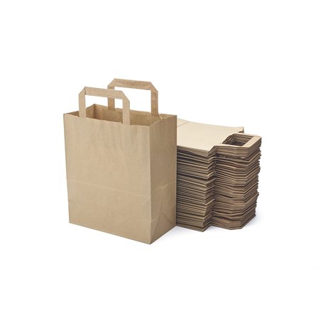 Miamex Lot de 50 Sacs Marrons Cabas en Papier Kraft avec Poignées Plates – 21 x 11 x 25 cm – Solide pour les Courses Emballage c