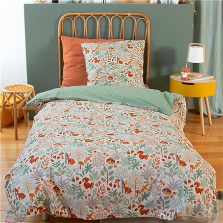 Parure de lit imprimée 140x200 cm Enfant - Housse de Couette 140x200 cm + 1 Taie d'oreiller 63x63 cm Motif Animaux de la forêt V