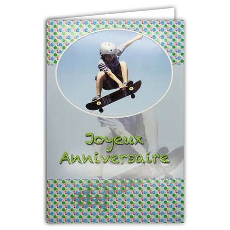 AFIE Carte Joyeux Anniversaire Paillettes Skateboard pour Petit Garçon Enfant avec Enveloppe Blanche 12x17