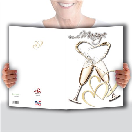 MX-4016 MAXI Grande Carte Géante XXL pour MARIAGE + Enveloppe format 32x23cm - Cœurs Flutes entrelacées Champagne Pétillant Mous