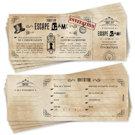 SoKawaï - 12 invitations anniversaire en Français | Thème Escape Game | Format Ticket | Adresse détachable | Toutes occasions