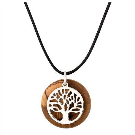 MaMeMi Collier arbre de vie en argent sterling 925 et bois d'olivier – Ø 3 cm – Fabriqué à la main à Bethléem – Symbole de nouve