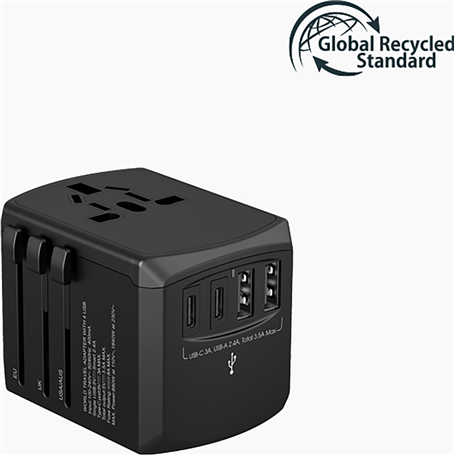 Adaptateur Chargeur Voyage 2 USB A + 2 USB C Tripper 15W Europe/UK/USA/Australie Noir - GRS Xoopar