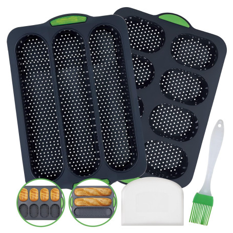 2 Pièces Moule à Pain,Moule Baguette Silicone 3 Grilles,Plaque à Pain Baguette Français Antiadhésif avec Couteau en Silicone et 