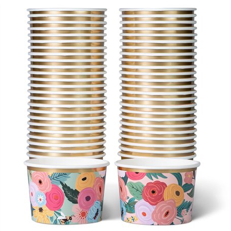 Lot de 50 Pots Glace 266 ml et Coupelles Jetables – Bols en Papier avec Motif Floral et Bord Doré – Pot à Glace Jetable