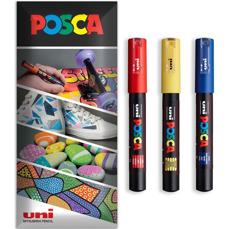 Posca - Marqueur permanent à base d'eau - Utilisation multi-surfaces - PC-1M - Lot de 3 stylos dans un étui - Rouge