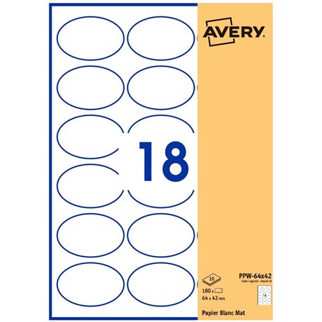 Avery Étiquettes Autocollantes Ovales 64x42 mm - Pack de 180 Papier Blanc Mat - Personnalisables Étiquette Avery Imprimables Las
