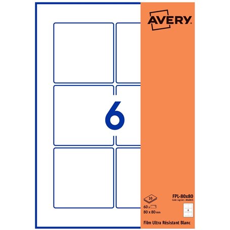 Avery Étiquettes Autocollantes Carrées 80x80 mm - Pack de 60 en Polyester Blanc - Personnalisables et Imprimables pour Laser/Jet