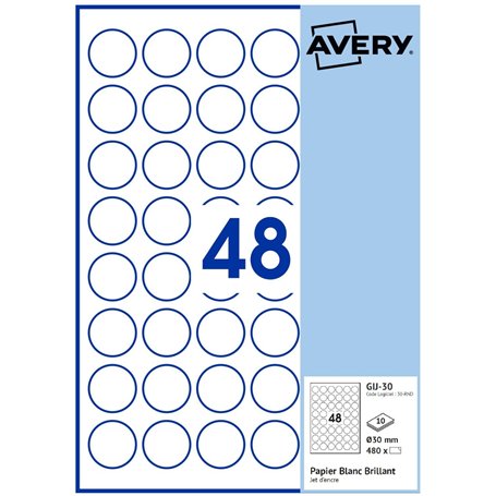 AVERY - 480 étiquettes Jet d'encre blanches brillant 30mm Rondes