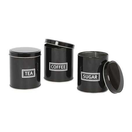 Harbour Housewares 3pc Rond Métal Thé Café Sucre Ensemble de Bidons - Noir - Ancien Cuisine Boîte de Rangement Caddie Récipient