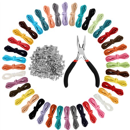 Curtzy 40 Pièces 1m x 3mm Cordon en Cuir de Faux Fils en Daim avec 200 Pièces de Fin de Cordon en Argent - Daim Faux pour DIY Bi
