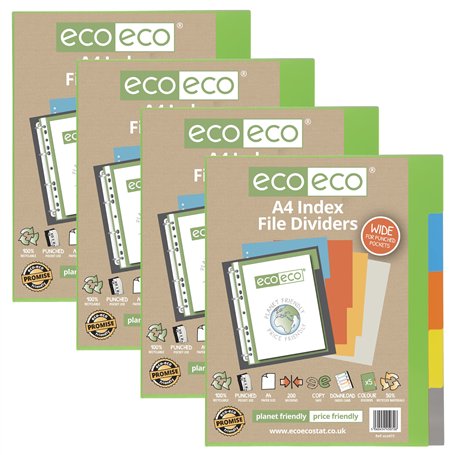 eco-eco Lot de 4 intercalaires A4 50% recyclés multiperforés renforcés couleur couleur lot de 5 intercalaires extra larges 200 m