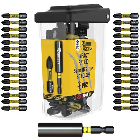 31 x SabreCut SCRPH23231B 32 mm PH2 et 60 mm Porte-embouts à impact magnétique Jeu d'embouts de tournevis Phillips à extrémité u