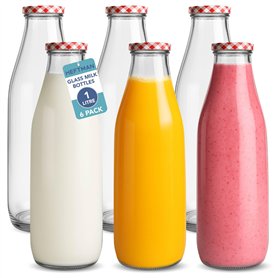 HEFTMAN Lot de 6 bouteilles de lait en verre avec couvercles – 1 litre vides hermétiques avec couvercles vichy rouges pour boiss HEFTMAN Lot de 6 bouteilles de lait en verre avec couvercles – 1 litre vides hermétiques avec couvercles vichy rouges pour boiss