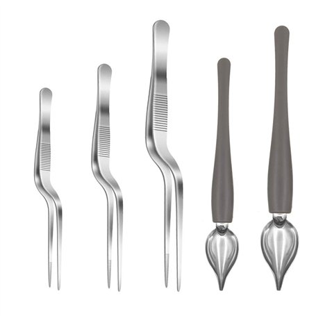 Lot de 5 cuillères de cuisine en acier inoxydable avec bec effilé et pince à épiler de précision pour les assiettes de cuisson