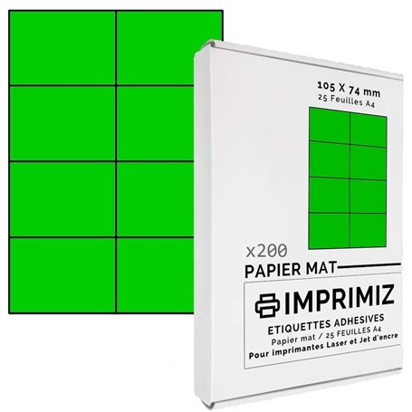 200 étiquettes autocollantes Vert fluo de 105 X 74 mm - 8 étiquettes/feuille - 25 planches papier A4 adhésif couleur - pour impr