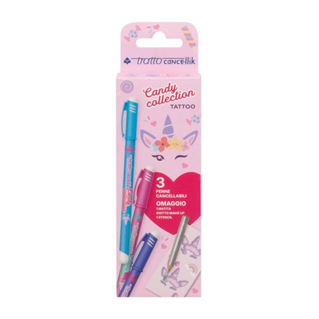 Tratto Cancellik Candy Collection TATTOO Lot de 3 stylos effaçables + 1 crayon maquillage + pochoir de tatouage