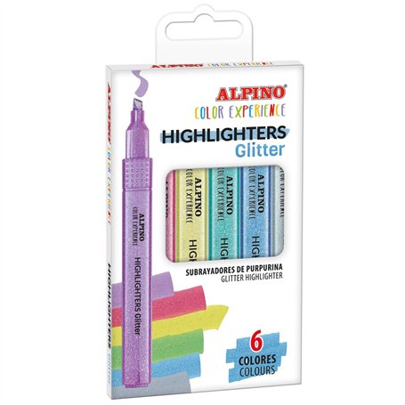 Alpino - Surligneurs Glitter Set de 6 couleurs brillantes | Pointe biseautée de 1-4 mm | Encre à base d'eau | Couleurs vives | Q
