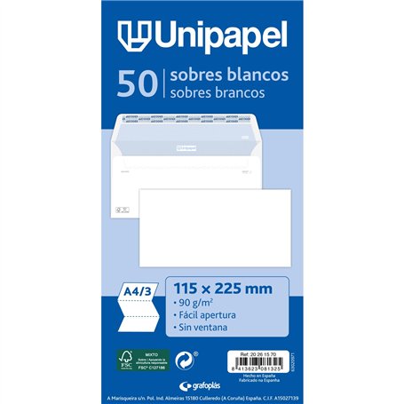 Unipapel Lot de 50 enveloppes en papier 90 g blanches 115 x 225 mm Fermeture droite avec bande adhésive en silicone Autodesk Ouv