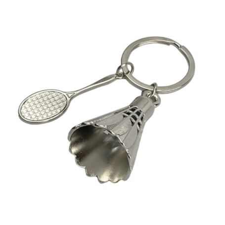 Porte-clés de badminton - Porte-clés de raquette de badminton avec volant ou plume en zinc et métal couleur argent - Accessoire