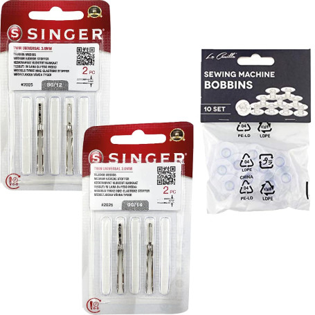 Lot de 4 paquets doubles Aiguilles pour Machine à Coudre Singer 2025 Epaisseur 80/12 et 90/14 Espacement 3 mm universelle 130/70