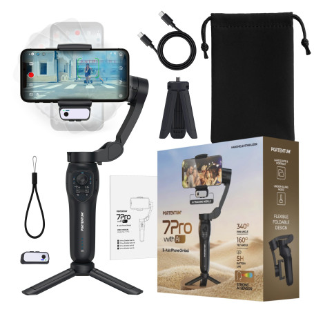 PORTENTUM stabilisateur Smartphone avec Module IA de Suivi Autonome – Gimbal pour Smartphone à 3 Axes Pliable avec trépied – Com