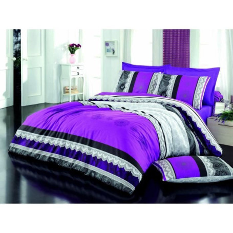 Parure de lit - 1 housse de couette 220 x 240 cm + 2 taies d'oreiller 60 x 60 cm - 100% coton renforcé - Lilas