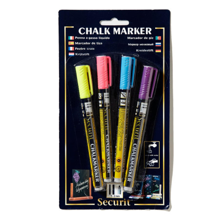 SECURIT - Lot de 4 feutres-craie 1-2 mm 4 couleurs flashy effaçable pour ardoise - Multicolore